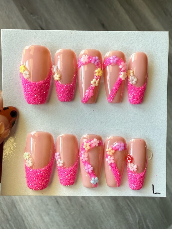 Handmade Other - Pink Glitter French Tip Press-On Nails with 3D Floral Accents